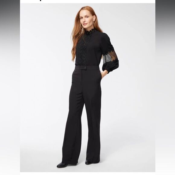 Black Label by Chico’s Black Lace Trim Cropped Blouse Long Cuffed Sleeve 16 - Picture 3 of 14